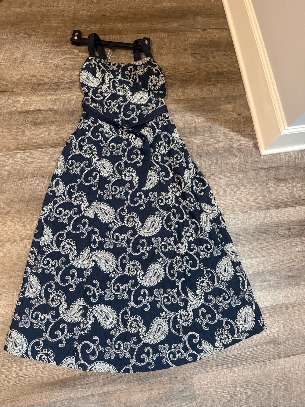 Zoe and Claire Navy Paisley Halter Maxi Dress with Tie Waist